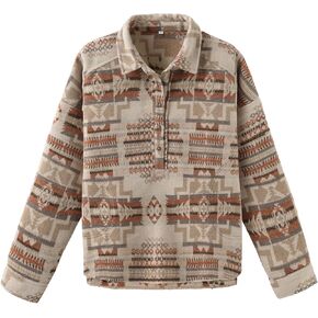 Women's Aztec Printed Pattern Pullover Sweatshirt Long Sleeve Button Closure Casual Top