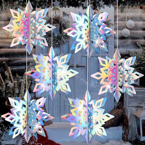 Syhood 6 Pcs 12 Inch Large Winter Hanging Snowflake Decoration Christmas Outdoor Iridescent 3D Holographic Paper Giant Craft Snowflakes for Xmas Tree Window Wonderland Decor