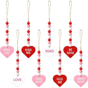 8Pcs Valentine's Day Wood Bead Garland with Love Heart Tag Red Pink White Conversation Heart Hanging Wooden Ornaments for Tiered Tray Fireplace Vase Pendant Decor