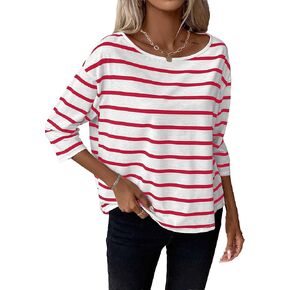LilyCoco Womens 3/4 Length Sleeve Tops Striped Boat Neck Shirt Frenchy Cotton Tees