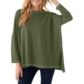 Imily Bela Womens Oversized Tops Long Sleeve Shirts Exposed Line Round Neck Tee Side Slit Cotton Basic Top 2024