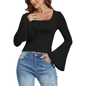 LYANER Women's Square U Neck Bell Long Sleeve Casual Solid Slim Fitted Tee Shirt Top Black Medium