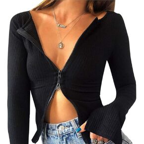 Women Sexy Ribbed Knitted Crop Top Double Zip Up Long Sleeve Tops T Shirt for Causal Party Streetwear