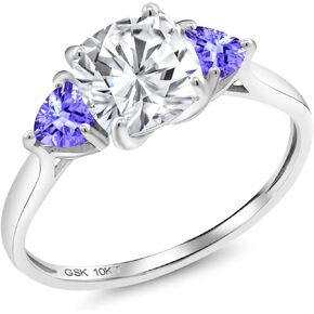 Gem Stone King 10K White Gold White Moissanite and Blue Tanzanite 3-Stone Engagement Ring For Women (2.12 Cttw, 7MM Cushion and 4MM Trillion, Available In Size 5, 6, 7, 8, 9)