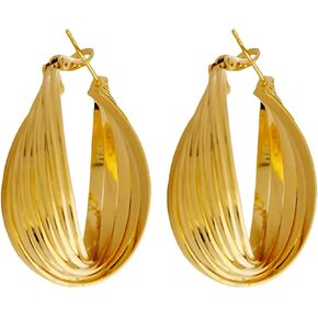 14K Gold Hoop Earrings for Women, Plated Twisted Solid Geometry Hoop, Large Stud Earrings, 925 Sterling Silver Post Hypoallergenic Curved Hoop Ear Rings