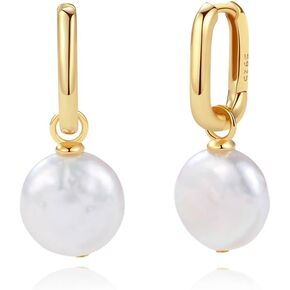 CAITLYNMINIMALIST Bridget Geometric Pearl Charm 18K Gold Sterling Silver Huggie Hoop Earrings for Women