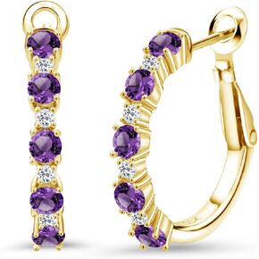 Gem Stone King 18K Yellow Gold Plated Silver Women Hoop Earrings Purple Amethyst White Topaz (1.32 Cttw, Round Cut, 3/7 Inch Diameter)