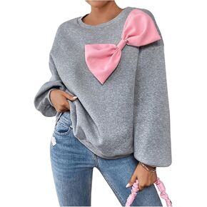 OYOANGLE Women's 3D Bowknot Long Sleeve Sweatshirts Drop Shoulder Crewneck Pullover Tops