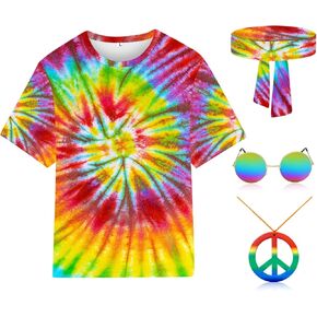 Hippie Costume for Men Women 4PCS Mens 60s 70s Outfit Set Colorful Hippie Shirt Sunglasses Headband Peace Necklace in Kuwait