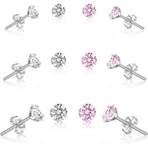 6 Pairs 925 Sterling Silver Stud Earrings Pack for Women White and Pink Cubic Zirconia Diamond Tragus Cartilage Earring Hypoallergenic Jewelry