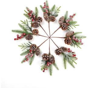 U'Artlines 10Pcs Christmas Red Berry Picks 10 inch Artificial Holly Branches with Red Berry and Pine Cones, Winter Holiday Floral Picks for Xmas Tree DIY Crafts Holiday Party Decoration