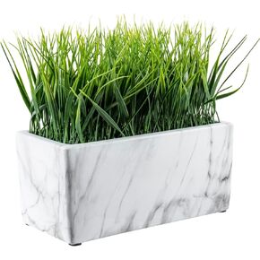 MyGift 14 Inch Artificial Green Grass Plant in Gray Marble Pattern Resin Ribbed Rectangle Planter, Faux Greenery Rectangular Cement Pot Centerpiece Home Décor