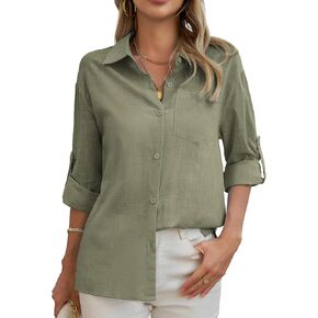 HDLTE Womens Cotton Casual Button Down Shirts V Neck Collare Blouses with Pockets