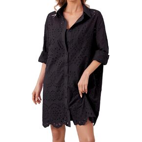 Livtany Women’s Button Down Shirt Dress Solid Eyelet Embroidery Cover Up Dress Casual Oversized Long Sleeve Blouse Tops