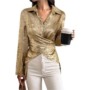 MakeMeChic Women's Long Sleeve Cross Wrap Button Down Shirt Tie Back High Low Blouses