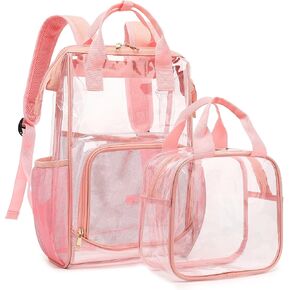 Heavy Duty Clear Backpack, PVC Waterproof Transparent Backpacks with Cosmetic Bag, See Through School Bag College Bookbag with Lunch Bag for Boy Girl Women Men (Pink)