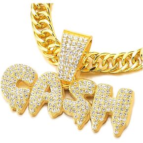 COOLSTEELANDBEYOND Mens Womens Iced Out CASH Pendant Necklace Pave Rhinestones, Gold Color, Bling Bling Rapper Jewelry