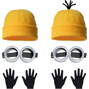 6PCS Costume Accessories Set Yellow Beanie Knit Hat Vintage Goggles Glasses Black Gloves for Halloween Cosplay
