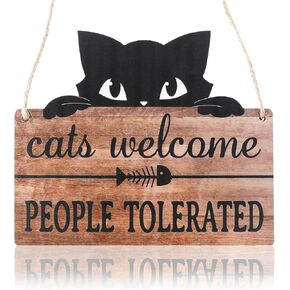 Welcome People Tolerated Wooden Plaque Funny Cat Welcome Sign Hanging Patio Wall Decor Kitten Footprint Lovely Wooden Sign Cat Lover Gifts for Women Pet Shop Home