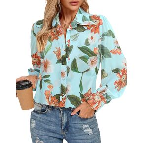 Kate Kasin 2025 Women's Hawaiian Button Down Shirt Long Lantern Sleeve Casual Floral Tropical Summer Blouses