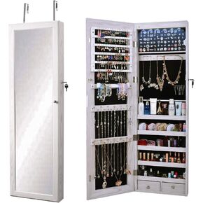 DlandHome Jewelry Armoire with Mirror, Full Length Mirror Jewelry Cabinet, Door Hanging Mirror, Full Length Mirror Rectangle Jewelry Armoire Organizer with 2 Drawers Mirror with Jewelry Storage,Retro
