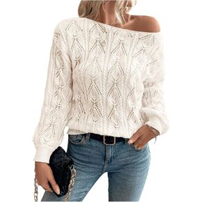SOLY HUX Women's Off The Shoulder Sweater Hollow Out Knit Boat Neck Long Sleeve Pullover Fall Tops