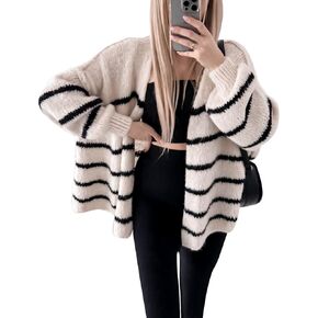Flygo Women's Oversized Striped Cardigan Sweater Chunky Knit Drop Shoulder Balloon Sleeve Open Front Cardigans Sweaters