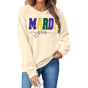 YALUCOR Women Mardi Gras Sweatshirt New Orleans Carnival Outfit Chenille Patch Pullover Tops Fat Tuesday Gift Sweatshirt