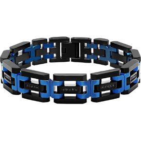 Men's 8.5" Stainless Steel Bracelet with Black and Blue Cubic Zirconia Accents