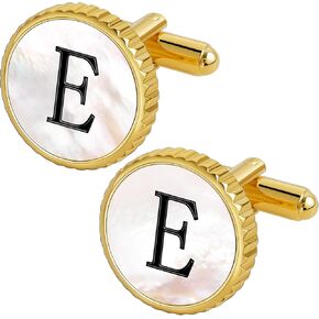 Gold Silver Cuff Links Mens, Mother Of Pearl Cufflinks for Men Initial Personalized Cufflinks 26 Alphabet Gold Silver Cuff Links for Anniversary Business Wedding