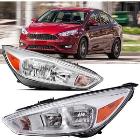 Headlights Assembly w/LED DRL compatible with 2015-2018 Ford Focus Halogen Headlamp Model,Black Housing Amber Side