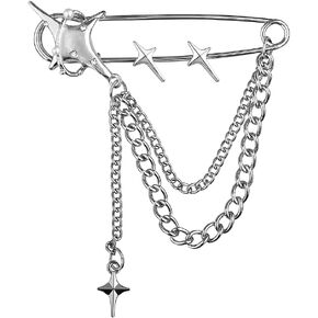 Silver Punk Chain Brooch Pin Retro Safety Pin Brooch Charms Collar Coat Shawl Brooch Pin Y2k Shoe Jean Pins Shooting Star Lapel Pin Tassel Brooch Safety Shawl Pins for Women Y2k Hanging Chain Brooch