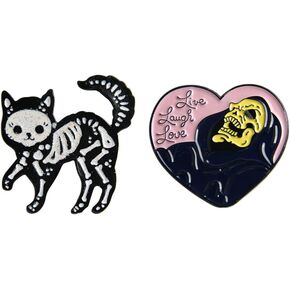 Opexicos 2Pcs Black Cat Skeleton Matte Art Badge Brooch Sugar Skull Day of The Dead Style Punk Cat Enamel Pin with Glitter
