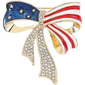 Independence Day American Flag Bowknot Brooch Pin 4th of July Enamel Flag Lapel Pin Crystal Bow knot Lapel Pin Badges for Women Men Teens