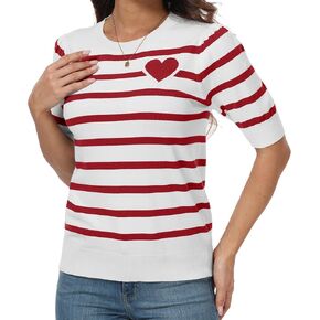 QIXING Pullover Women Short Sleeve Sweater Round Neck Heart-Shaped Sweater