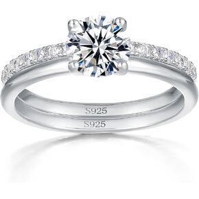WES 1CT Solitaire Moissanite Engagement Rings for Women, 925 Sterling Silver D Color VVS1 Clarity Brilliant Round Cut Solitaire Lab Created Moissanite 4 Prong Ring Wedding Engagement Set Valentine's Day Gift