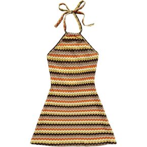 Verdusa Women's Boho Striped Halter Neck Mini Dress Backless Fitted Cami Dress