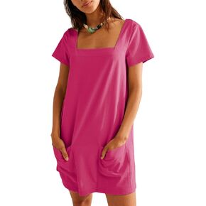AlvaQ Womens Solid Color Casual Summer Square Neck Short Sleeve Mini Dresses with Pockets