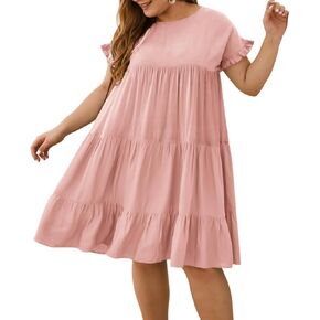 YOXUA Womens Plus Size Dress - Ruffle Short Sleeve Crewneck Color Block Loose Summer Beach Swing Dresses XL-4XL
