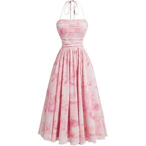Milumia Women's Boho Floral Printed Halter Midi Dress Backless Mesh A Line Pleated Long Dresses