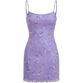 Verdusa Women's Floral Spaghetti Strap Short Cami Dress Lettuce Trim Sleeveless Mini Dress