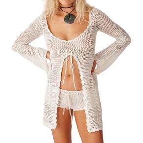 Women's Bikini Cover Up Dress Scoop Neck Flare Sleeve Split Tie Front Crochet Knit Coverup