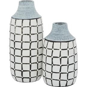 Deco 79 Ceramic Handmade Decorative Vase Centerpiece Vases with Grid Pattern, Set of 2 Flower Vases for Home Decoration 11", 9"H, White