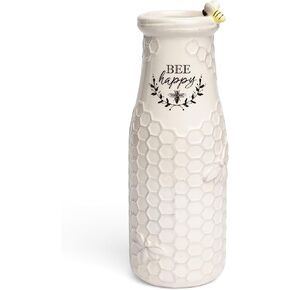 Young's Inc. Ceramic Flower Vase (Bee Happy) - White Ceramic Vase - Honeycomb Decor - 3" L x 3" W x 8" H Contains one Flower vase