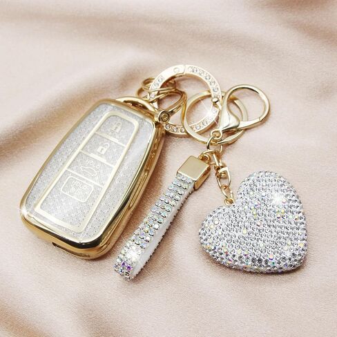 Key Fob Cover with Diamond Keychain for Toyota Car Key Shell Compatible with 2018-2024 Highlander RAV4 Camry Avalon C-HR Corolla GT86 Full Cover Protector for Women (4 Buttons-Silver Heart) in Saudi Arabia