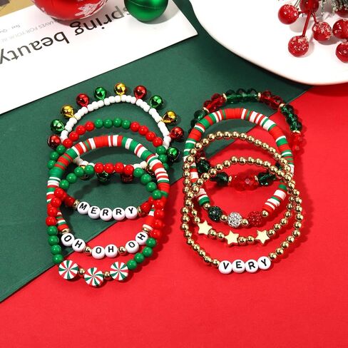 FAERLIIRY Christmas Beaded Stretch Bracelets Stackable Polymer Clay Disc Beads Bracelets Heishi Surfer Perppy Adjustable Bracelets in Kuwait