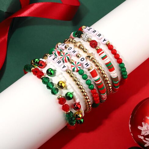 FAERLIIRY Christmas Beaded Stretch Bracelets Stackable Polymer Clay Disc Beads Bracelets Heishi Surfer Perppy Adjustable Bracelets in Kuwait