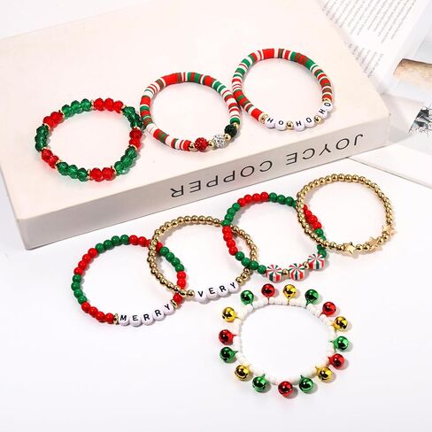FAERLIIRY Christmas Beaded Stretch Bracelets Stackable Polymer Clay Disc Beads Bracelets Heishi Surfer Perppy Adjustable Bracelets in Kuwait
