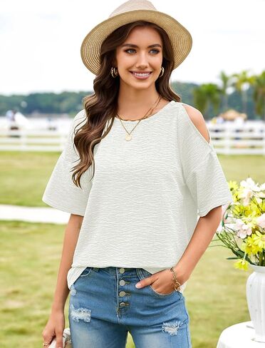 قمصان Angashion النسائية ذات الكتف البارد للصيف - تيشيرتات كاجوال بأكمام قصيرة عصرية بياقة دائرية ومناسبة الأساسية in Kuwait