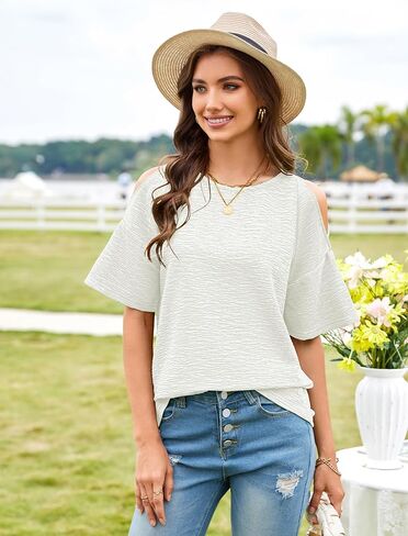 قمصان Angashion النسائية ذات الكتف البارد للصيف - تيشيرتات كاجوال بأكمام قصيرة عصرية بياقة دائرية ومناسبة الأساسية in Kuwait